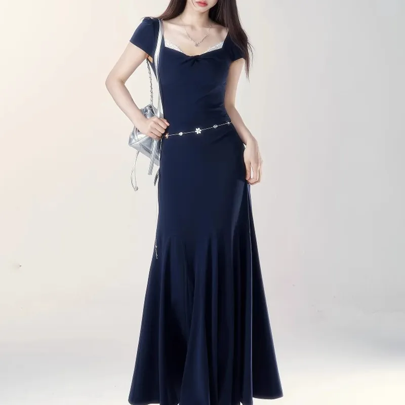 TUSHIFEI Short Sleeved Dress Women's Navy Blue+Hair Tie Comes With-4