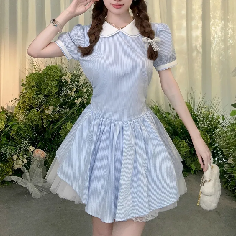 TUSHIFEI Short Sleeved Dress Women's Light Blue+Hair Tie Included-3
