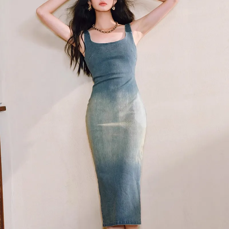 TUSHIFEI Sleeveless Dress Women's Vintage Blue-2