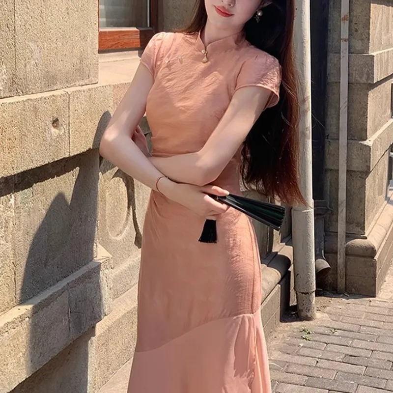 TUSHIFEI Short Sleeved Dress Women's Orange Pink-4