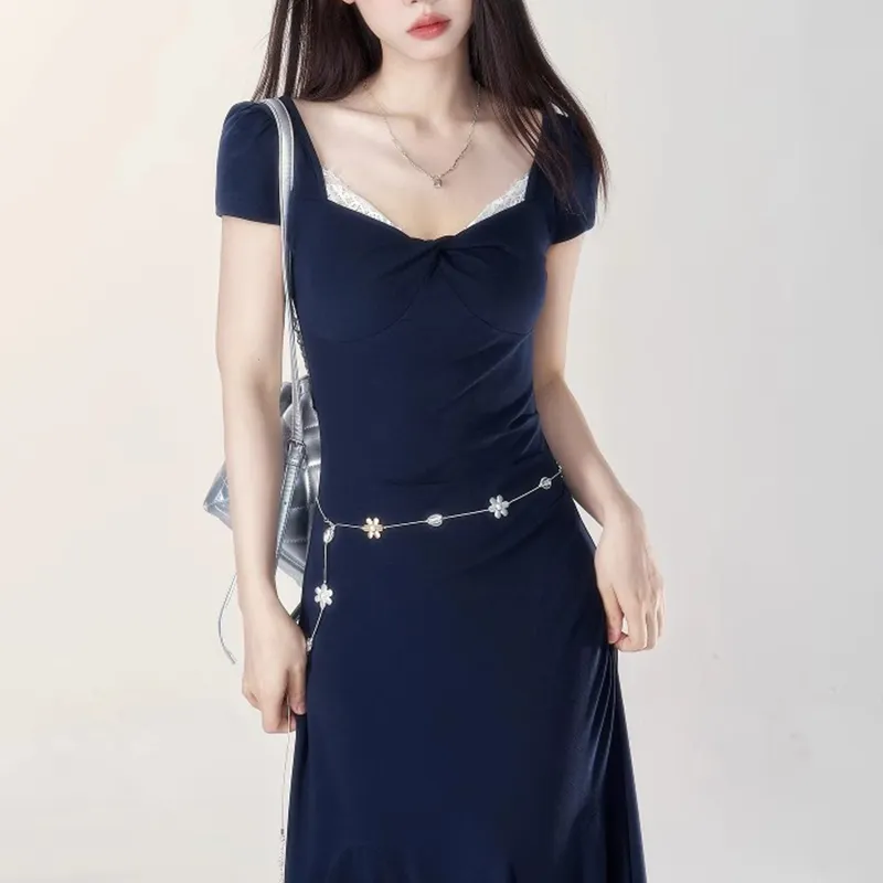 TUSHIFEI Short Sleeved Dress Women's Navy Blue+Hair Tie Comes With-3
