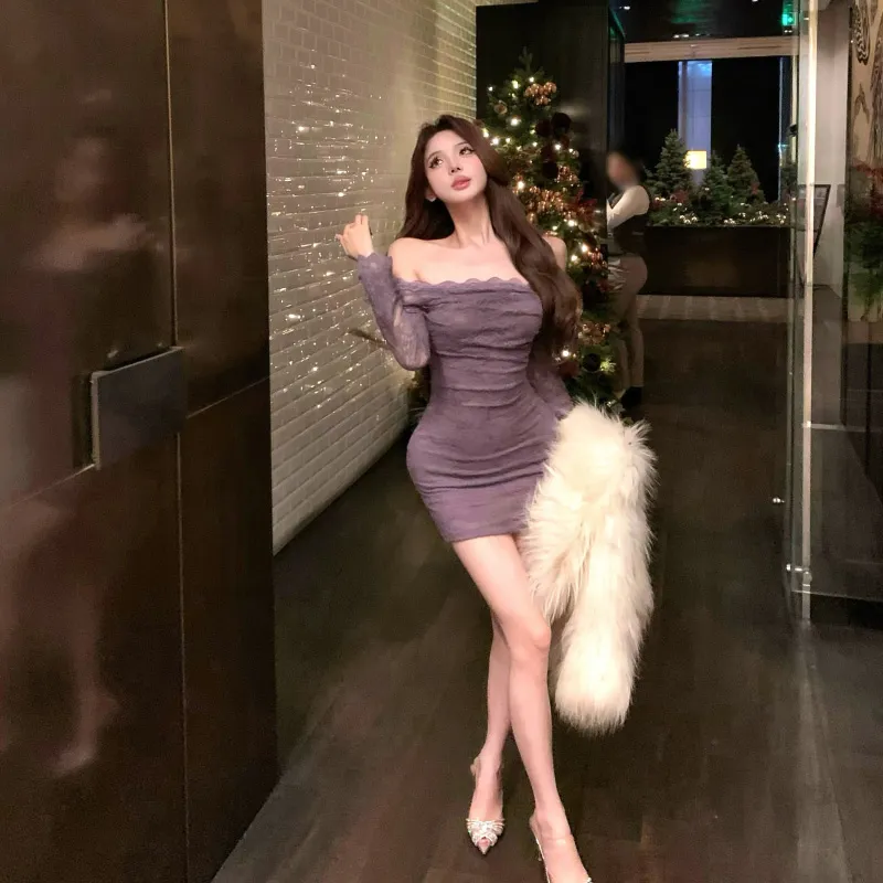 KUNZHUDAXIANG Long Sleeved Dress Women's Purple-3