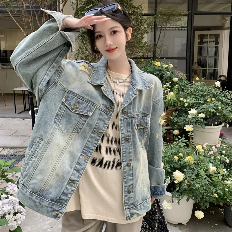 TUSHIFEI Denim Jacket Unisex Blue+Bowknot Hair Tie Comes With-3
