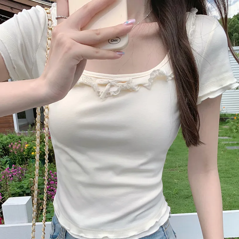 Set in Sleeve Minimalist Style Basic T Shirt Women's-2