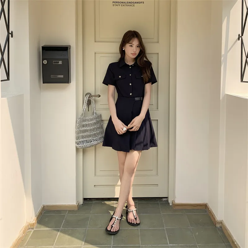 TUSHIFEI Short Sleeved Dress Women's Navy Blue+Hair Tie Included-3