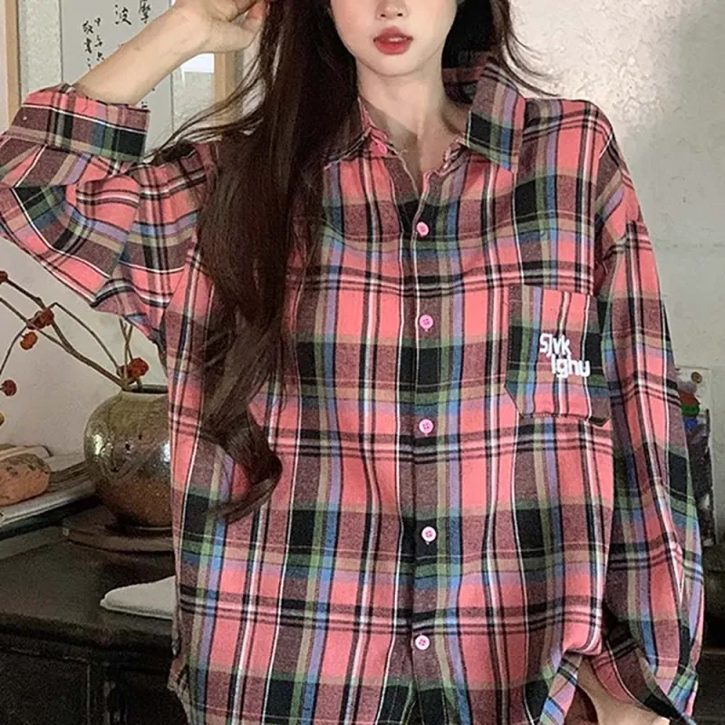 TUSHIFEI Shirt Women's Black Pink Plaid-7