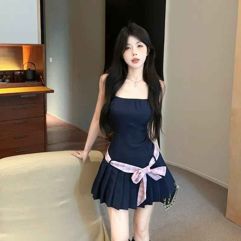 TUSHIFEI Slip Dresses Women's Navy Blue+Hair Tie Comes With-2