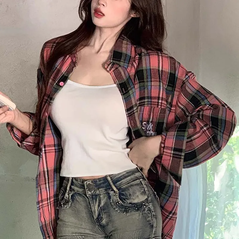 TUSHIFEI Shirt Women's Black Pink Plaid-5