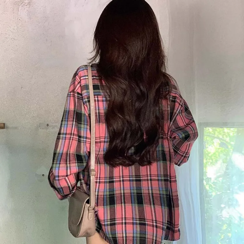 TUSHIFEI Shirt Women's Black Pink Plaid-3