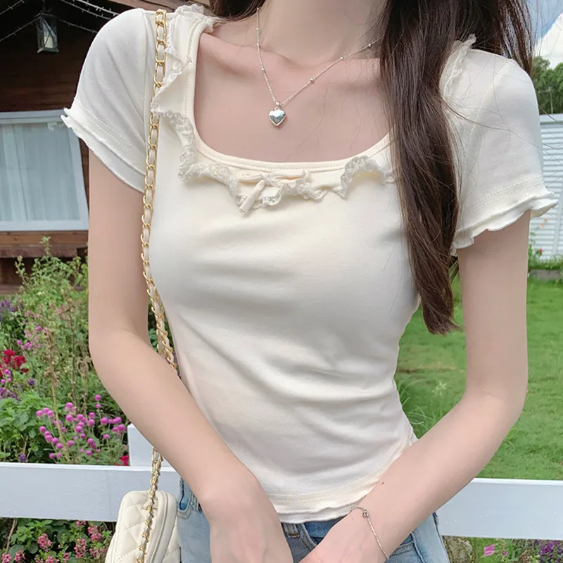 Set in Sleeve Minimalist Style Basic T Shirt Women's-1