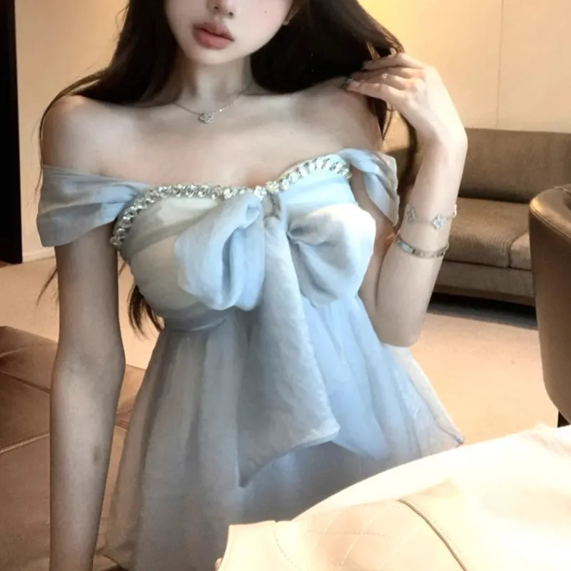 TUSHIFEI Chiffon Shirt Women's Light Blue+Hair Tie Included-2
