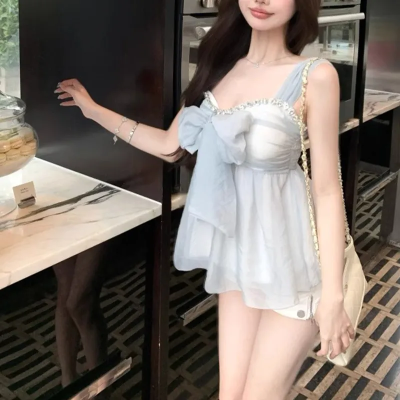 TUSHIFEI Chiffon Shirt Women's Light Blue+Hair Tie Included-3