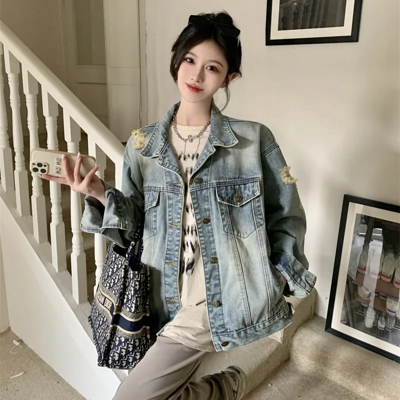TUSHIFEI Denim Jacket Unisex Blue+Bowknot Hair Tie Comes With-4