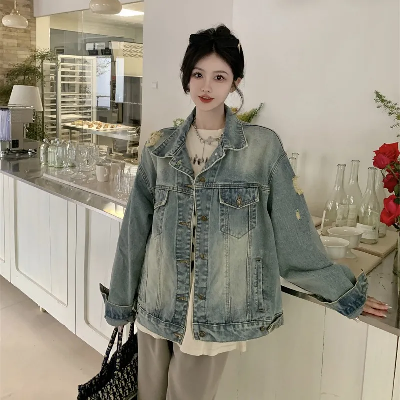 TUSHIFEI Denim Jacket Unisex Blue+Bowknot Hair Tie Comes With-5