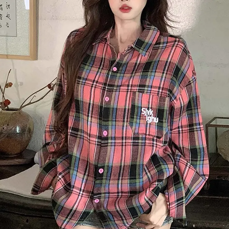 TUSHIFEI Shirt Women's Black Pink Plaid-6