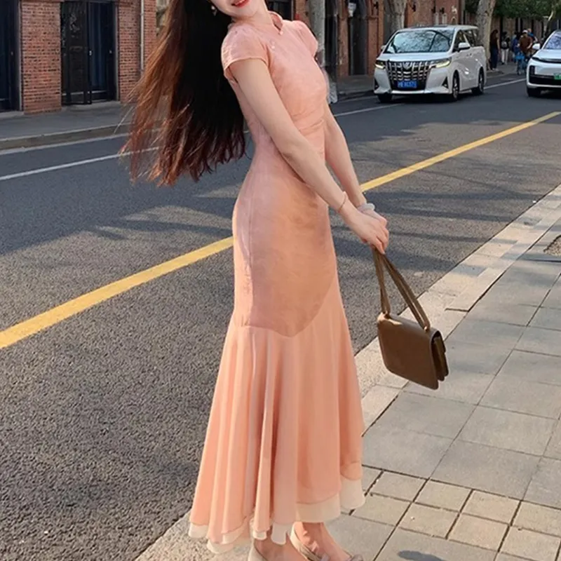 TUSHIFEI Short Sleeved Dress Women's Orange Pink-3