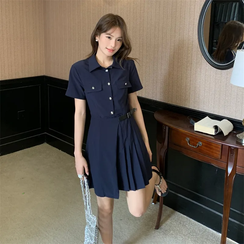 TUSHIFEI Short Sleeved Dress Women's Navy Blue+Hair Tie Included-2