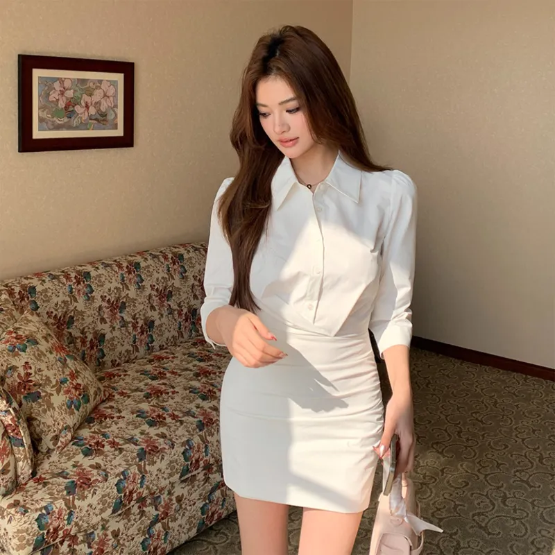 TUSHIFEI Short Sleeved Dress Women's White+Hair Tie Comes With-5