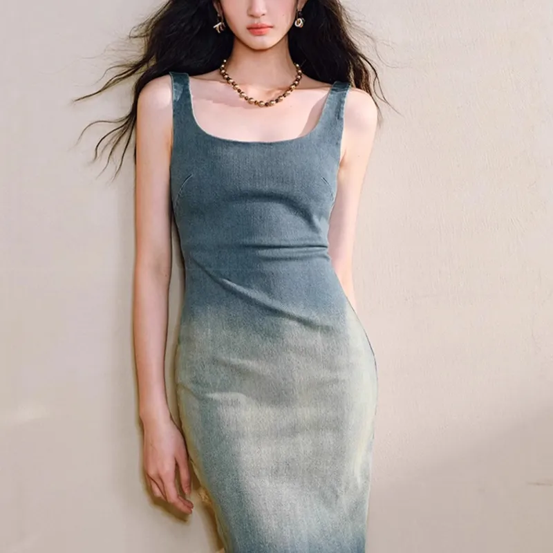 TUSHIFEI Sleeveless Dress Women's Vintage Blue-3