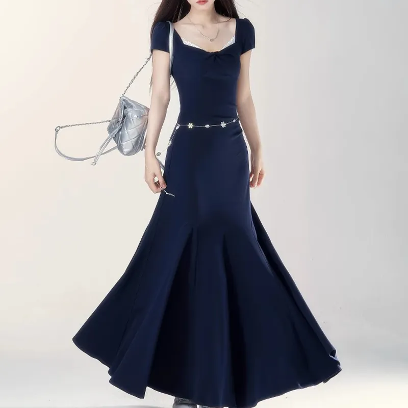 TUSHIFEI Short Sleeved Dress Women's Navy Blue+Hair Tie Comes With-5