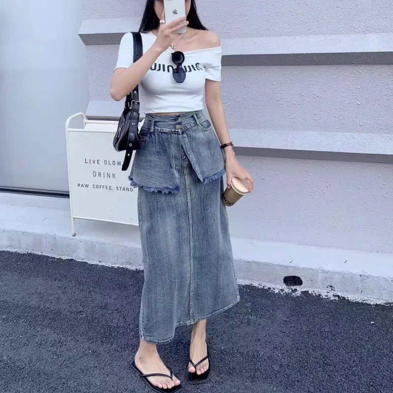 TUSHIFEI Denim Long Skirt Women's Image Color-3