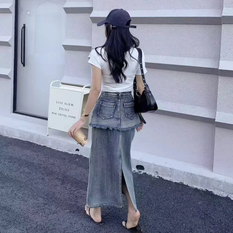 TUSHIFEI Denim Long Skirt Women's Image Color-4