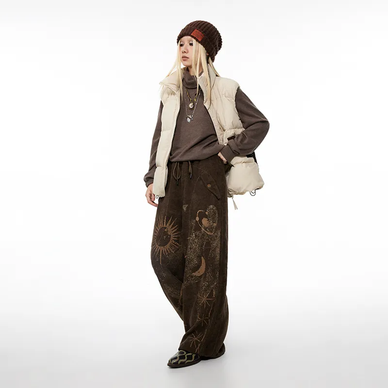 WULISHAONIAN Vintage Print Loose Fit Casual Pants For Spring And Summer Breathable Pants Unisex Hazelnut Brown-2