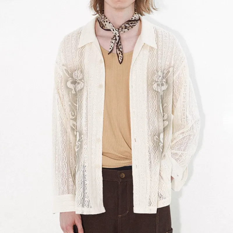 WULISHAONIAN Cut Out Lace Print Shirt Unisex Ecru-4