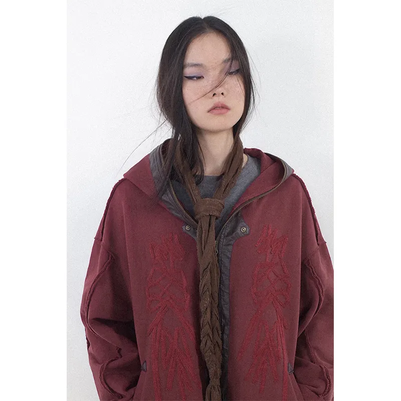WULISHAONIAN Heavyweight Color Blocking Patchwork Embroidery Pullover Sweatshirt Unisex Dark Red-3