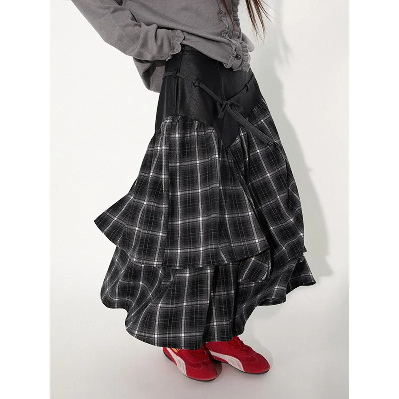 WULISHAONIAN Patchwork Plaid Asymmetrical Drawstring Versatile Playful Half Length Long Skirt Women's-4