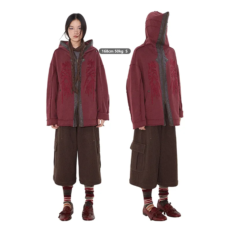 WULISHAONIAN Heavyweight Color Blocking Patchwork Embroidery Pullover Sweatshirt Unisex Dark Red-2