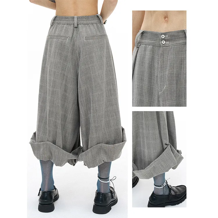 WULISHAONIAN Folded Silhouette Pleated Checkered A Line Cropped Pants Unisex-4