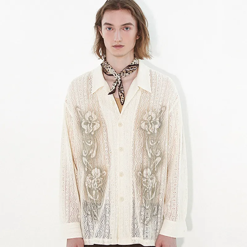 WULISHAONIAN Cut Out Lace Print Shirt Unisex Ecru-1