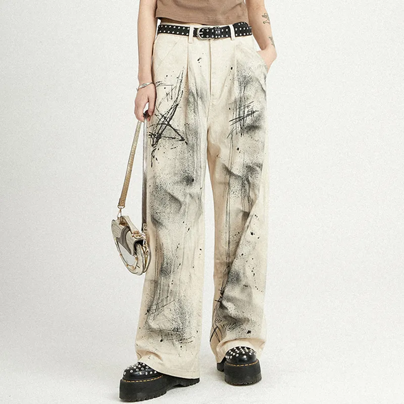 WULISHAONIAN Straight Fit Versatile Casual Loose Fit Jeans Unisex Ecru-2