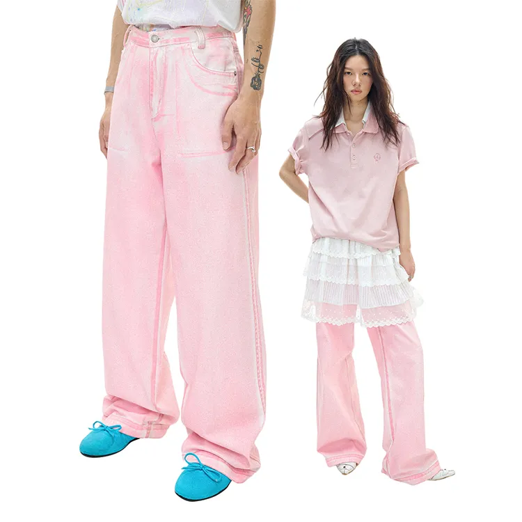 WULISHAONIAN Jeans Unisex Light Pink-3