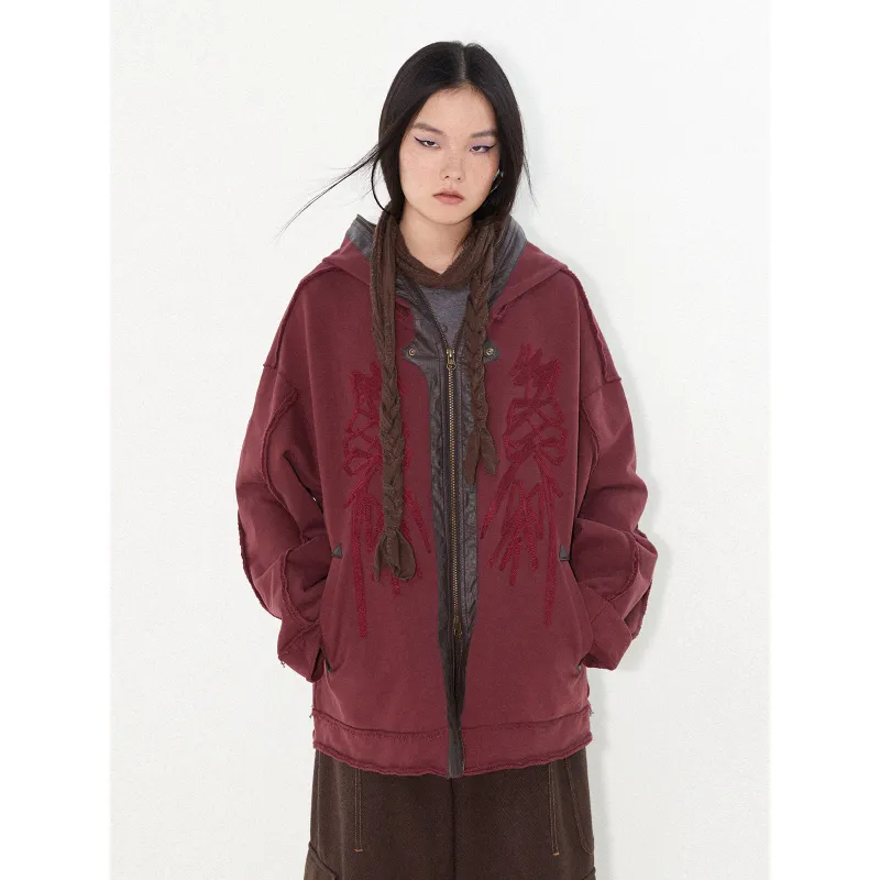 WULISHAONIAN Heavyweight Color Blocking Patchwork Embroidery Pullover Sweatshirt Unisex Dark Red-5