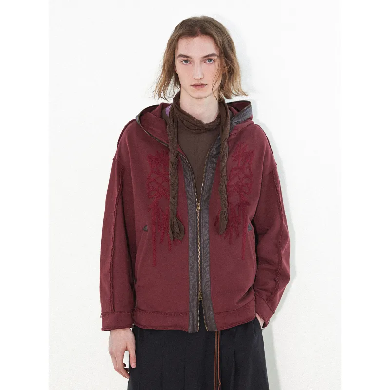 WULISHAONIAN Heavyweight Color Blocking Patchwork Embroidery Pullover Sweatshirt Unisex Dark Red-4