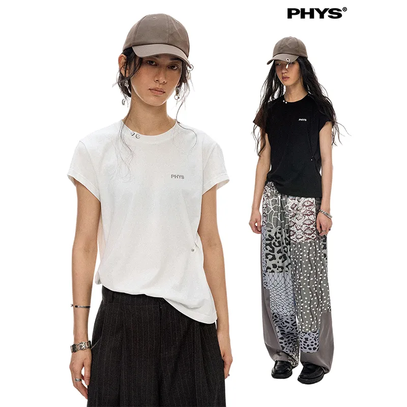WULISHAONIAN Detachable Pearl Nose Ring Shoulder Small Flying Sleeve Short Sleeved T Shirts Unisex-4