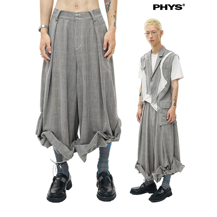 WULISHAONIAN Folded Silhouette Pleated Checkered A Line Cropped Pants Unisex-2