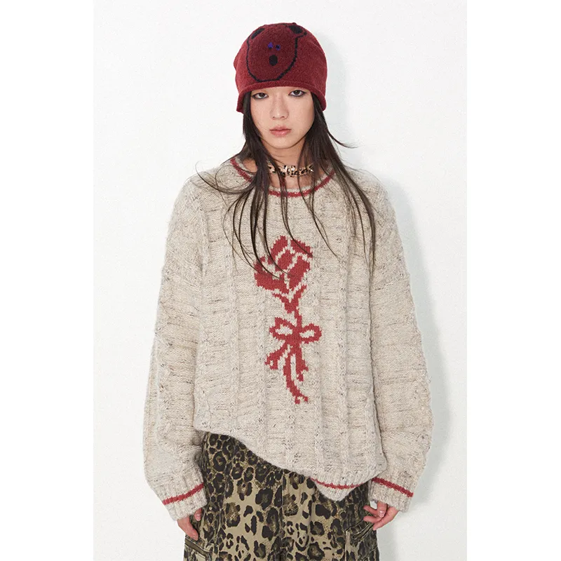 WULISHAONIAN Sweater Unisex Beige Red Floral-2