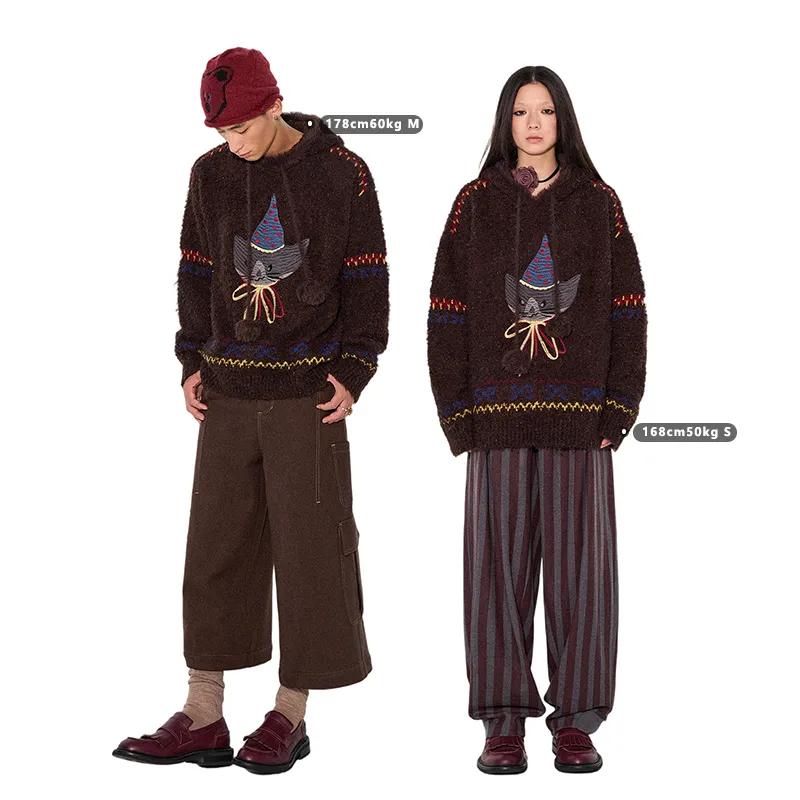 WULISHAONIAN Sweater Unisex Red Brown-2