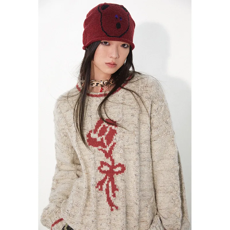 WULISHAONIAN Sweater Unisex Beige Red Floral-3