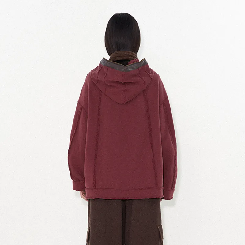 WULISHAONIAN Heavyweight Color Blocking Patchwork Embroidery Pullover Sweatshirt Unisex Dark Red-1
