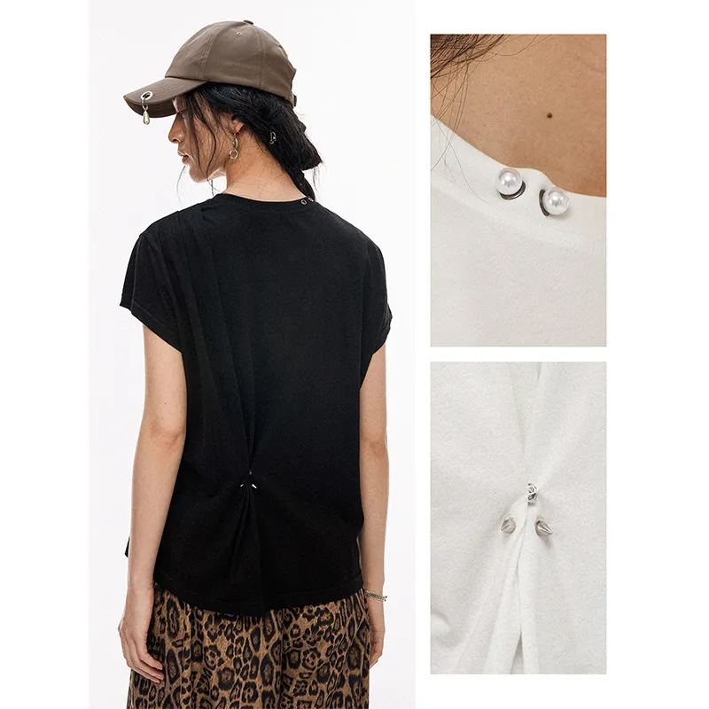 WULISHAONIAN Detachable Pearl Nose Ring Shoulder Small Flying Sleeve Short Sleeved T Shirts Unisex-6