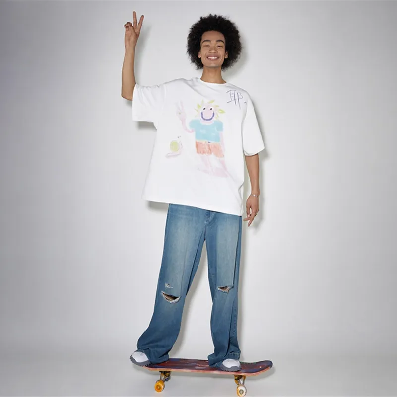 WULISHAONIAN Casual Graffiti Peace Gesture Print Crew Neck Short Sleeved Loose Fit Unisex White-2