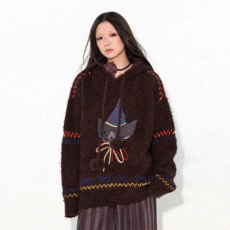 WULISHAONIAN Sweater Unisex Red Brown-3