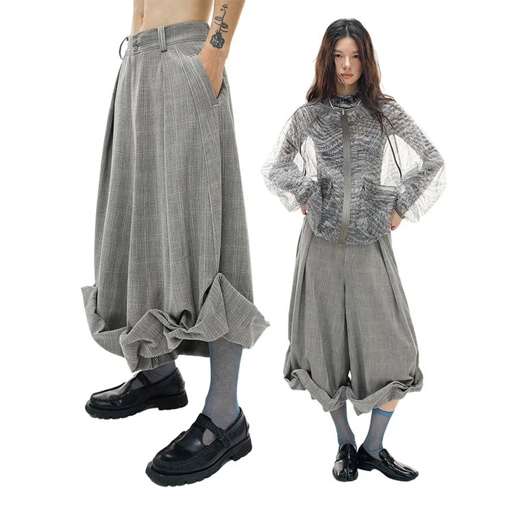 WULISHAONIAN Folded Silhouette Pleated Checkered A Line Cropped Pants Unisex-3
