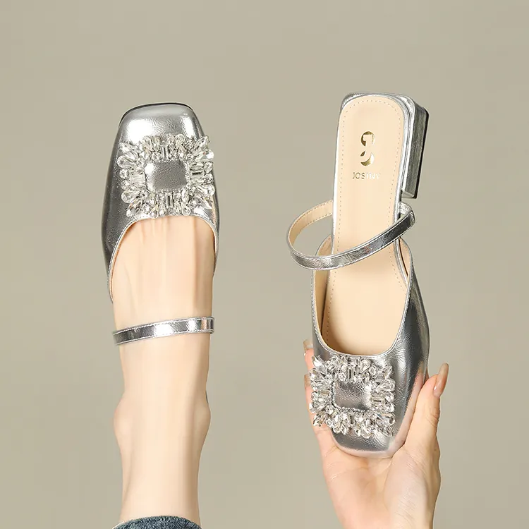 JOSINY Square Head Rhinestone Women's Casual Shoes Women's Silver-9
