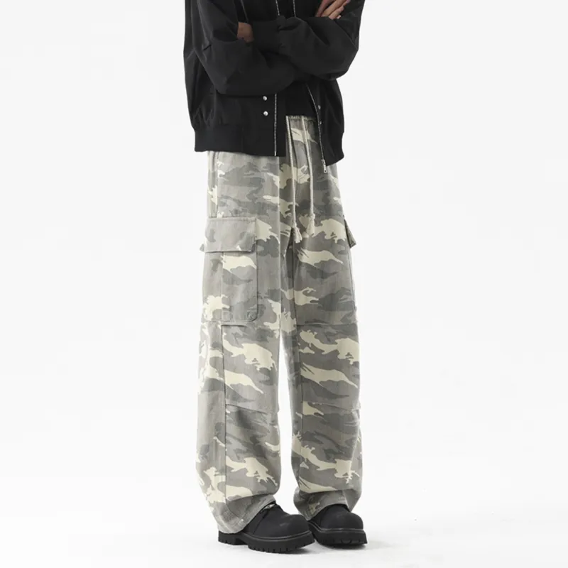 TESTUNG Casual Pants, American Vintage Distressed Outdoor Commute Versatile Sports Wide Leg Style Unisex-3