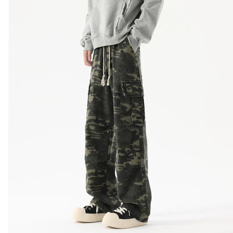 TESTUNG Casual Pants, American Vintage Distressed Outdoor Commute Versatile Sports Wide Leg Style Unisex-11